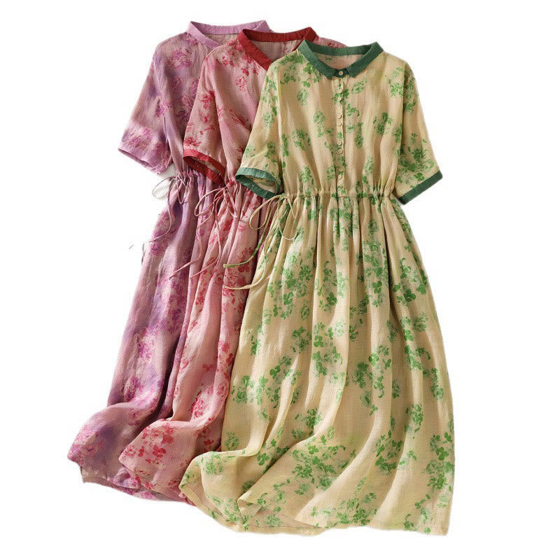 Buddha Stones Printing Buttons Drawstring High Waist Short Sleeve Cotton Midi Dress With Pockets - image 31