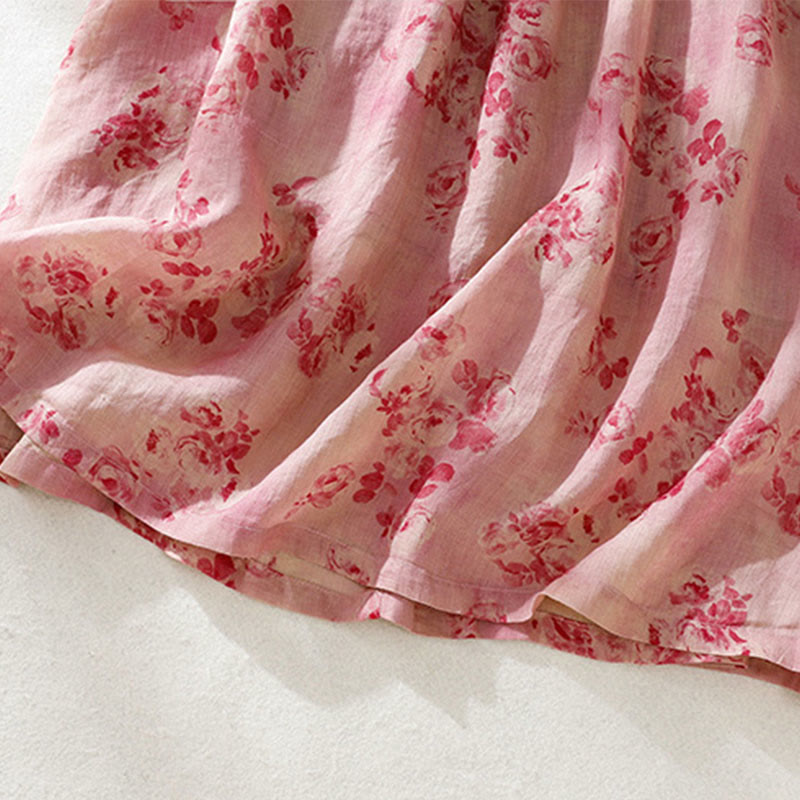 Buddha Stones Printing Buttons Drawstring High Waist Short Sleeve Cotton Midi Dress With Pockets - image 7