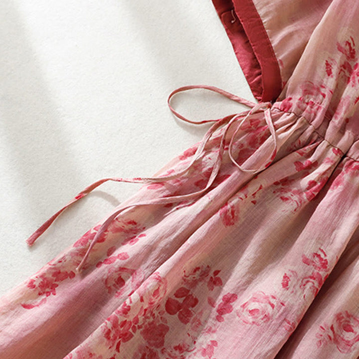 Buddha Stones Printing Buttons Drawstring High Waist Short Sleeve Cotton Midi Dress With Pockets - image 5