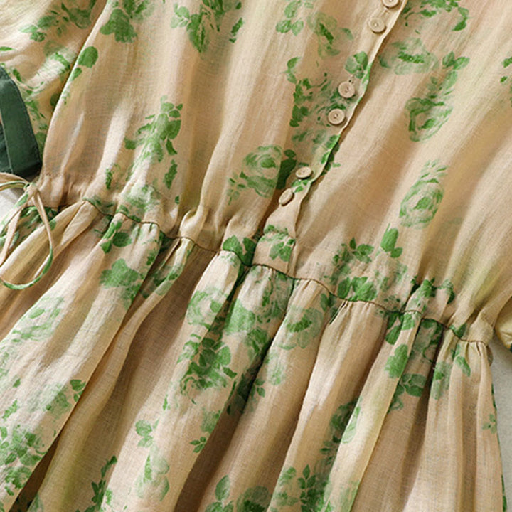 Buddha Stones Printing Buttons Drawstring High Waist Short Sleeve Midi Dress With Pockets - image 15