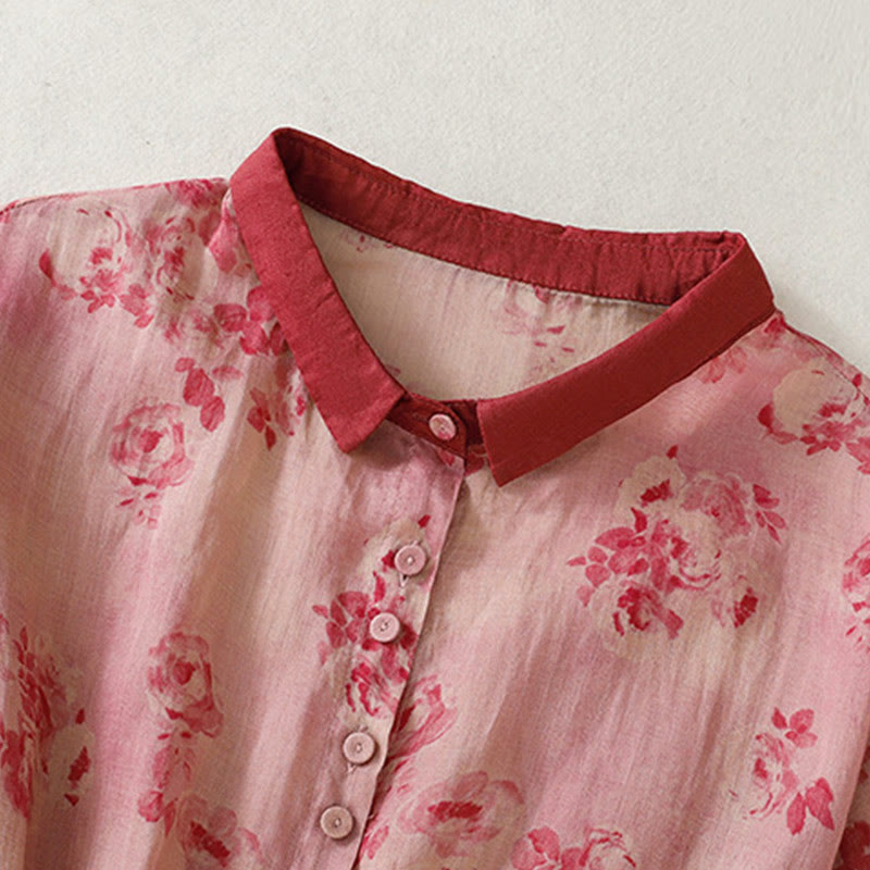 Buddha Stones Printing Buttons Drawstring High Waist Short Sleeve Cotton Midi Dress With Pockets - image 3