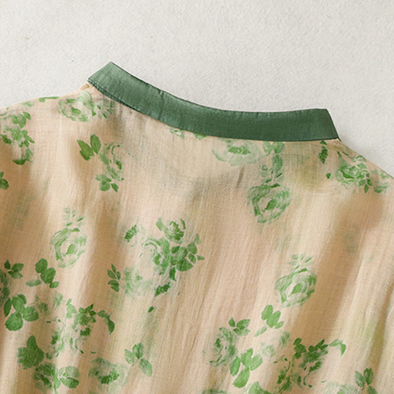 Buddha Stones Printing Buttons Drawstring High Waist Short Sleeve Cotton Midi Dress With Pockets - image 11