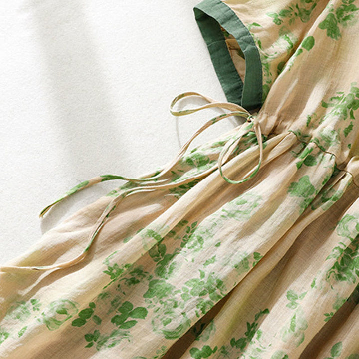 Buddha Stones Printing Buttons Drawstring High Waist Short Sleeve Cotton Midi Dress With Pockets - image 14