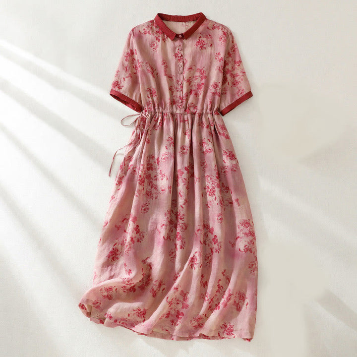 Buddha Stones Printing Buttons Drawstring High Waist Short Sleeve Cotton Midi Dress With Pockets - Salmon - US8-10，UK/AU12-14，EU40-42 (2XL) - image 1