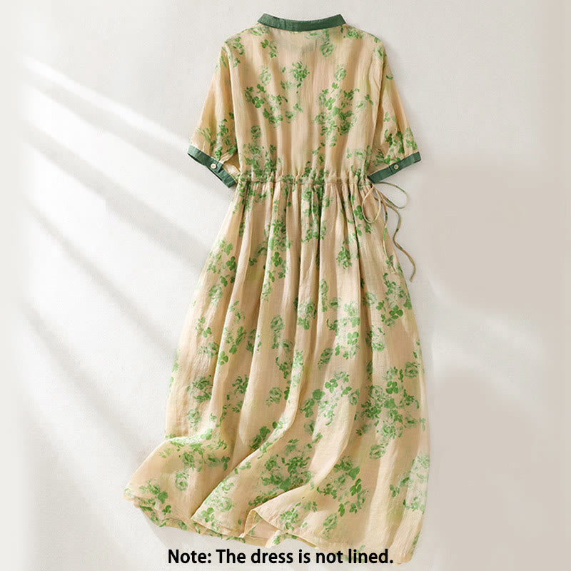 Buddha Stones Printing Buttons Drawstring High Waist Short Sleeve Midi Dress With Pockets - image 8