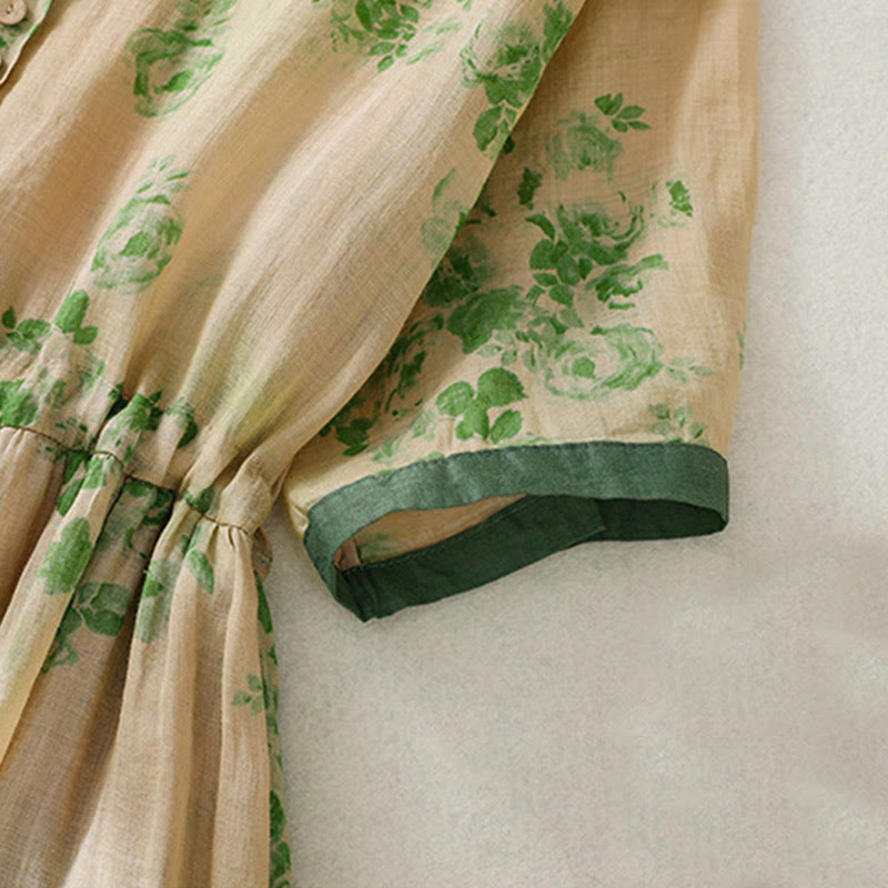 Buddha Stones Printing Buttons Drawstring High Waist Short Sleeve Cotton Midi Dress With Pockets - image 14