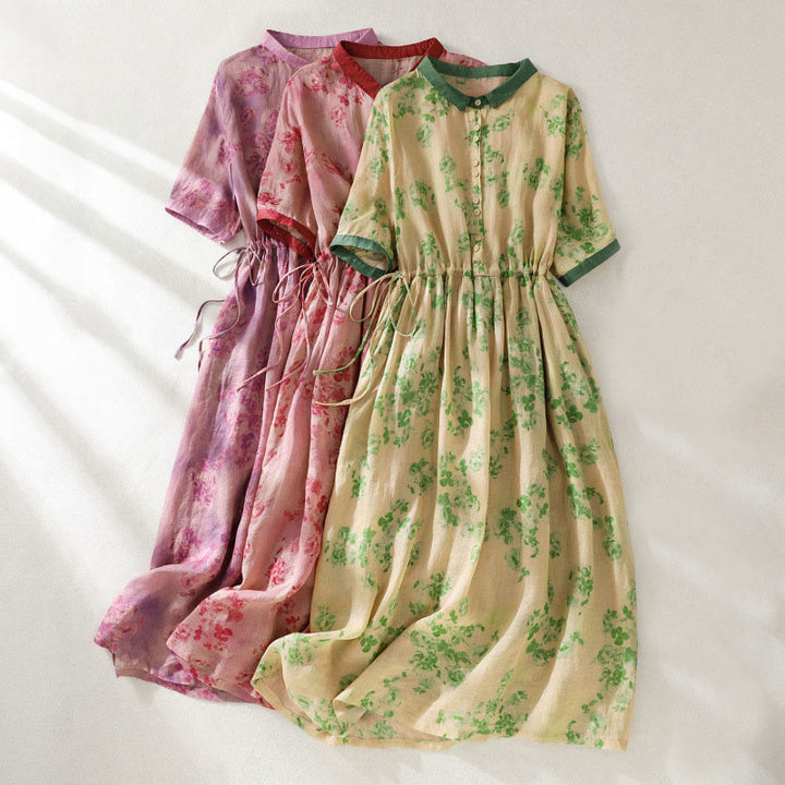 Buddha Stones Printing Buttons Drawstring High Waist Short Sleeve Midi Dress With Pockets - image 28