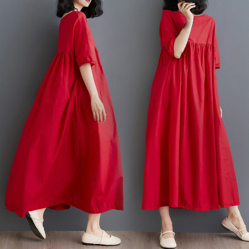 Buddha Stones Solid Color Pleated Design Crew Neck Half Puff Sleeve Cotton Midi Dress - Red - US14，UK/AU18，EU46 (2XL) - image 21