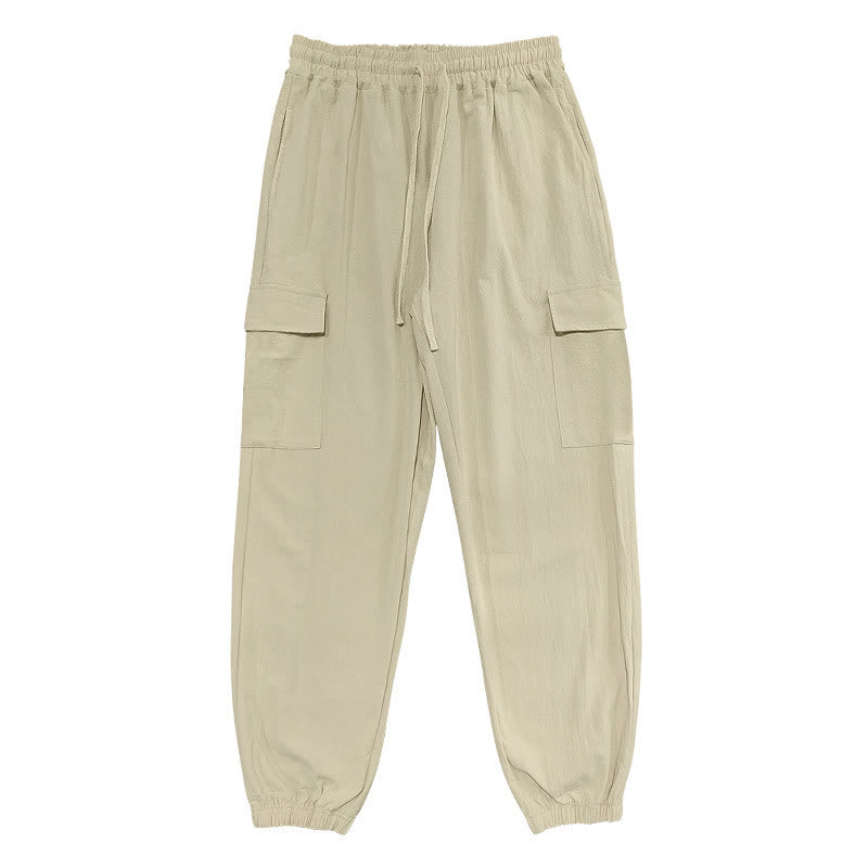Buddha Stones Solid Color Linen Drawstring Men's Cargo Pants With Pockets - Wheat - US/UK/AU46，EU56 (3XL) - image 21
