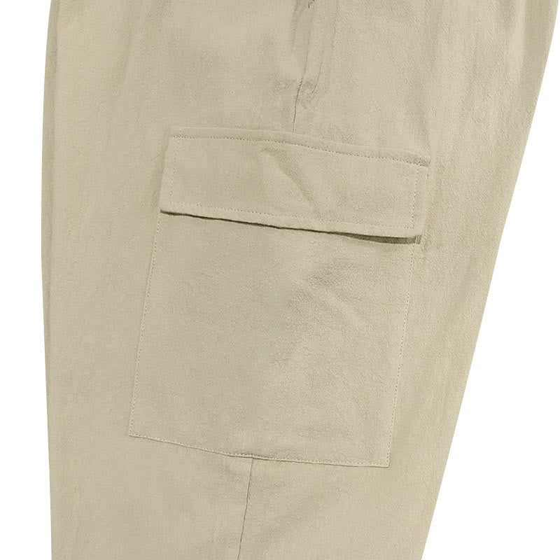 Buddha Stones Solid Color Linen Drawstring Men's Cargo Pants With Pockets - image 25