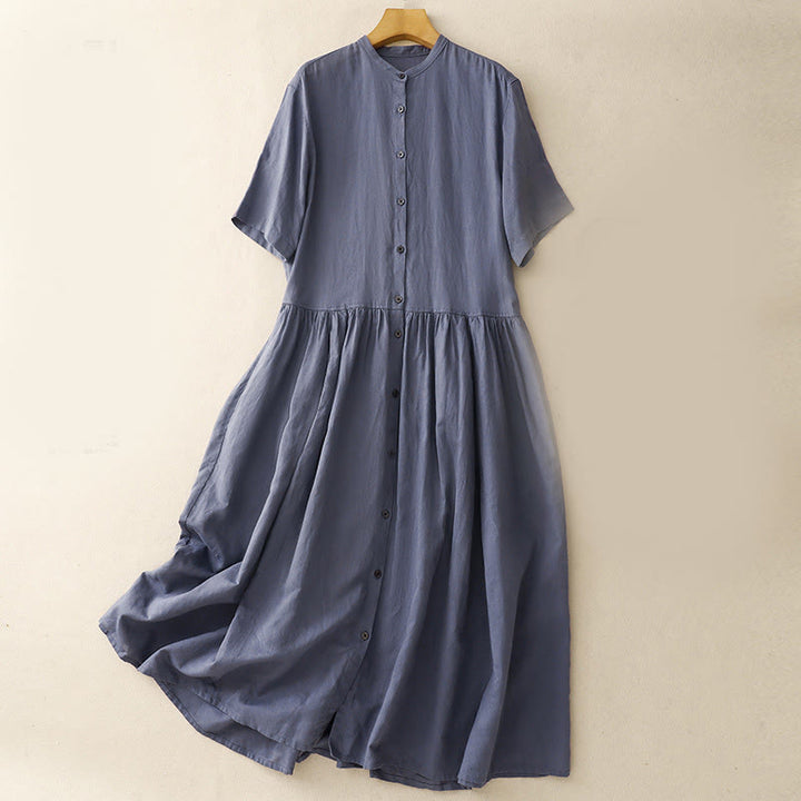 Buddha Stones Commute Pure Color Buttons Design Short Sleeve Cotton Linen Midi Dress With Pockets - LightSlateGray - US8-10，UK/AU12-14，EU40-42 (2XL) - image 1