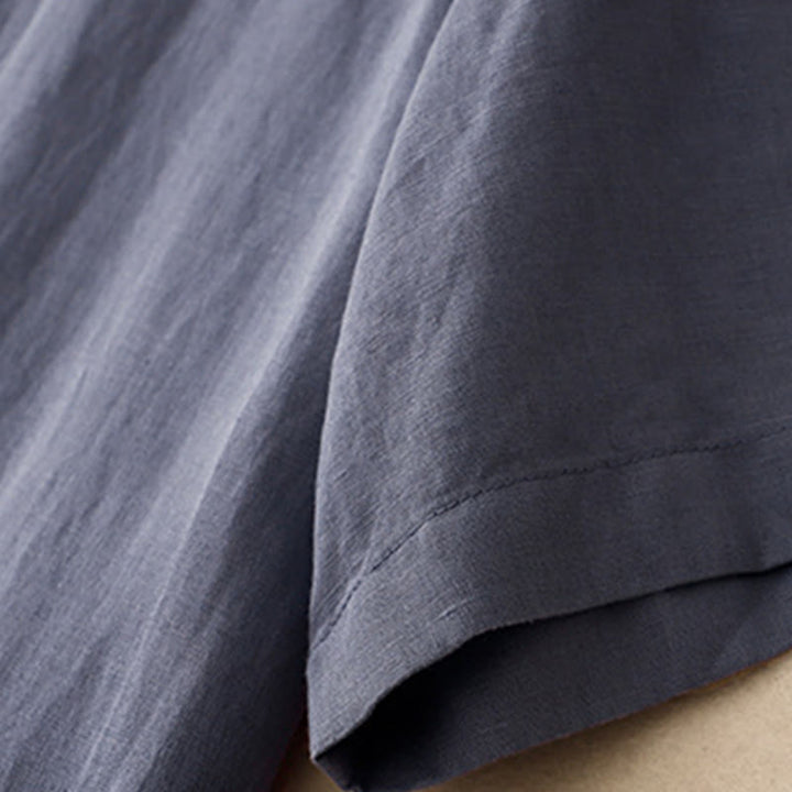 Buddha Stones Commute Pure Color Buttons Design Short Sleeve Cotton Linen Midi Dress With Pockets - image 6