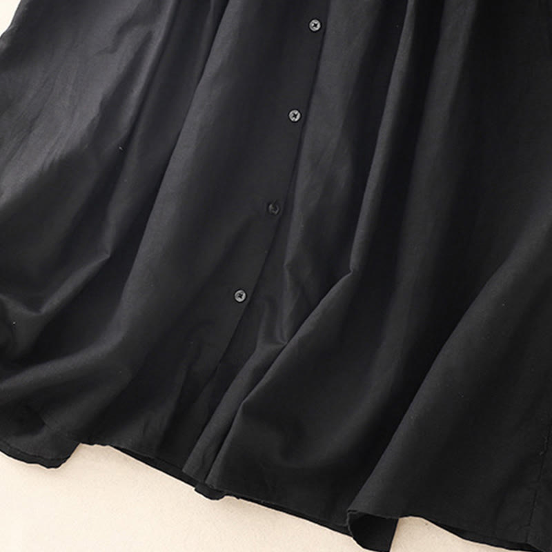 Buddha Stones Commute Pure Color Buttons Design Short Sleeve Cotton Linen Midi Dress With Pockets - image 12