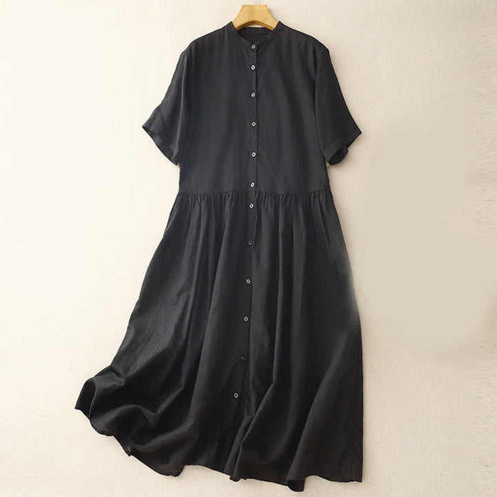 Buddha Stones Commute Pure Color Buttons Design Short Sleeve Cotton Linen Midi Dress With Pockets - Black - US8-10，UK/AU12-14，EU40-42 (2XL) - image 9