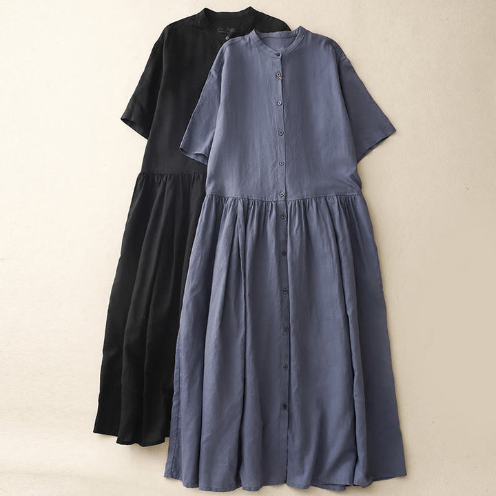 Buddha Stones Commute Pure Color Buttons Design Short Sleeve Cotton Linen Midi Dress With Pockets - image 15