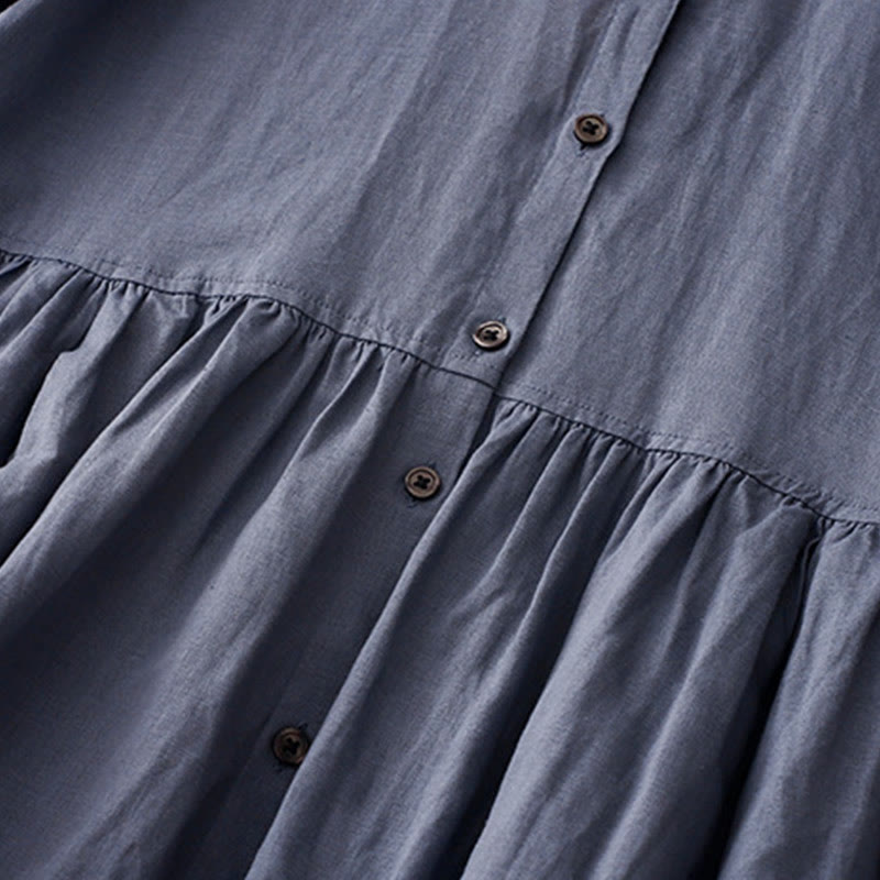 Buddha Stones Commute Pure Color Buttons Design Short Sleeve Cotton Linen Midi Dress With Pockets - image 4