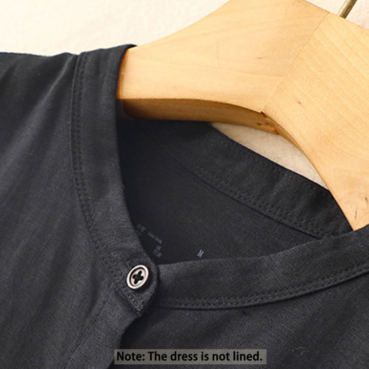 Buddha Stones Commute Pure Color Buttons Design Short Sleeve Cotton Linen Midi Dress With Pockets - image 10