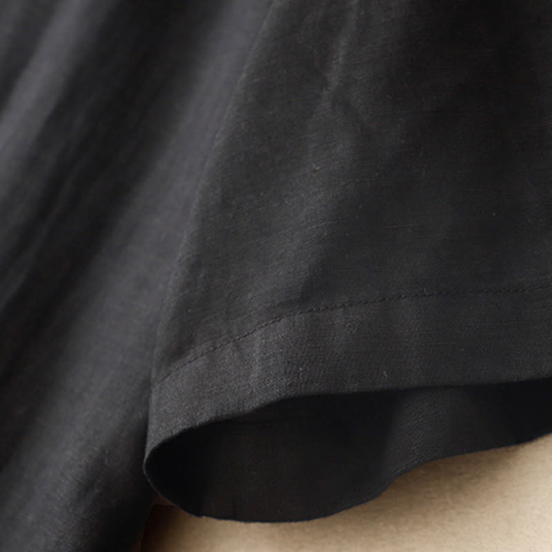 Buddha Stones Commute Pure Color Buttons Design Short Sleeve Cotton Linen Midi Dress With Pockets - image 14