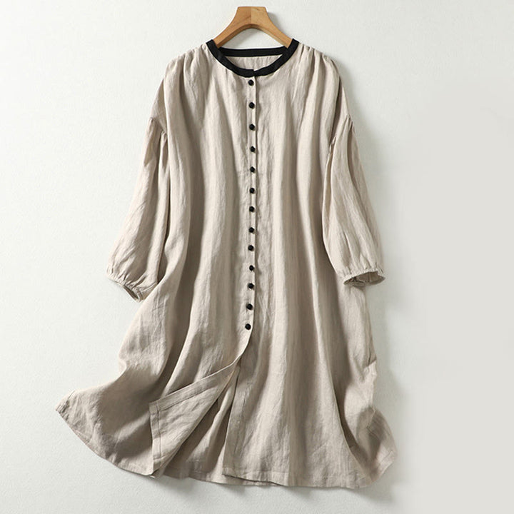 Buddha Stones Buttons Design Women's Cotton Linen Long Sleeve Coat With Pockets - Linen - US14，UK/AU18，EU46 (2XL) - image 0