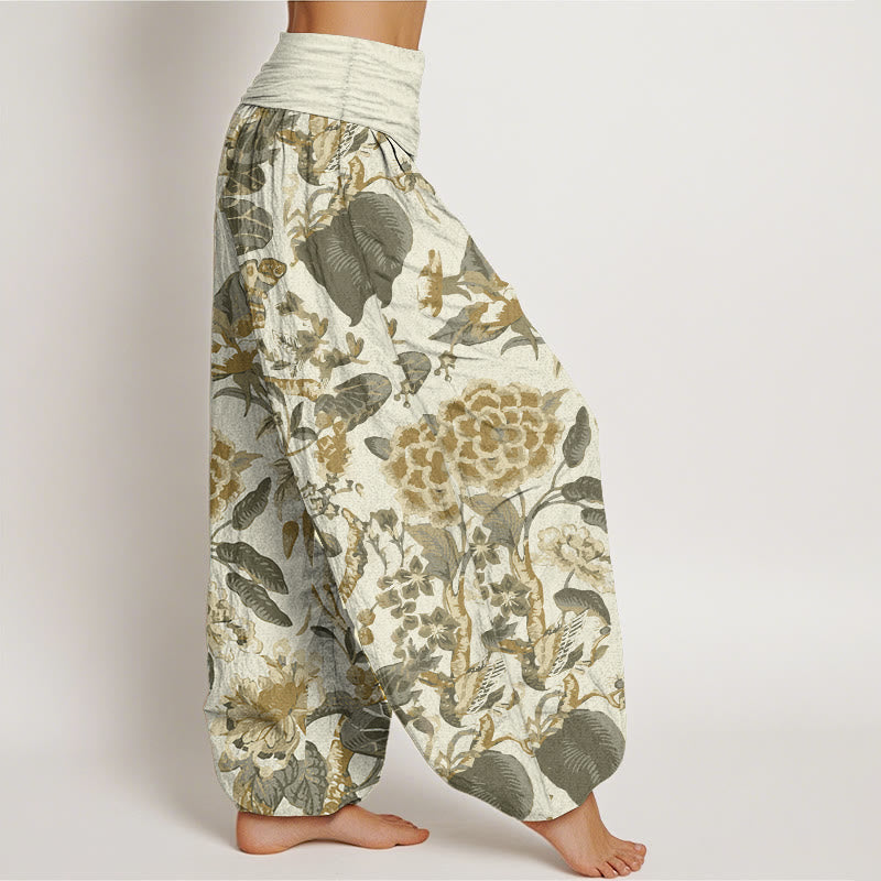 Buddha Stones Pure Cotton Lotus Leaf Peony Pattern Women's Elastic Waist Harem Pants