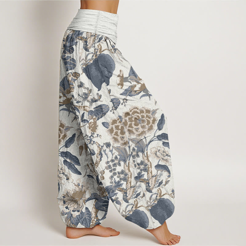 Buddha Stones Pure Cotton Lotus Leaf Peony Pattern Women's Elastic Waist Harem Pants