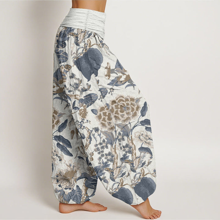 Buddha Stones Pure Cotton Lotus Leaf Peony Pattern Women's Elastic Waist Harem Pants