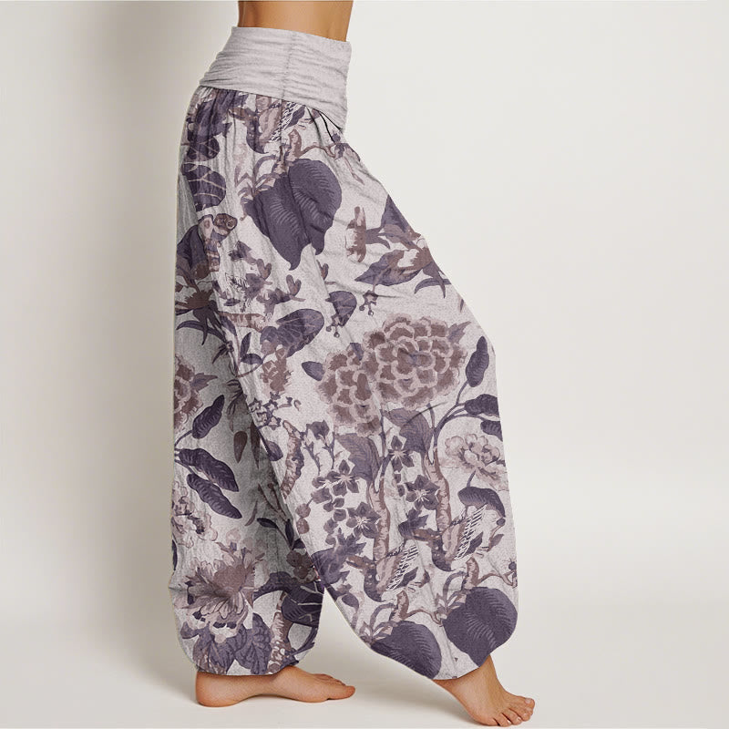 Buddha Stones Pure Cotton Lotus Leaf Peony Pattern Women's Elastic Waist Harem Pants