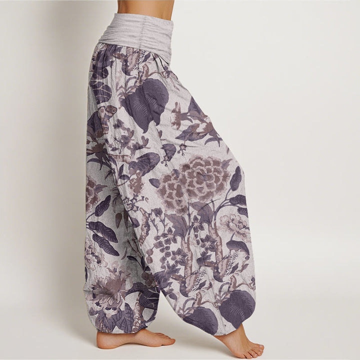Buddha Stones Pure Cotton Lotus Leaf Peony Pattern Women's Elastic Waist Harem Pants