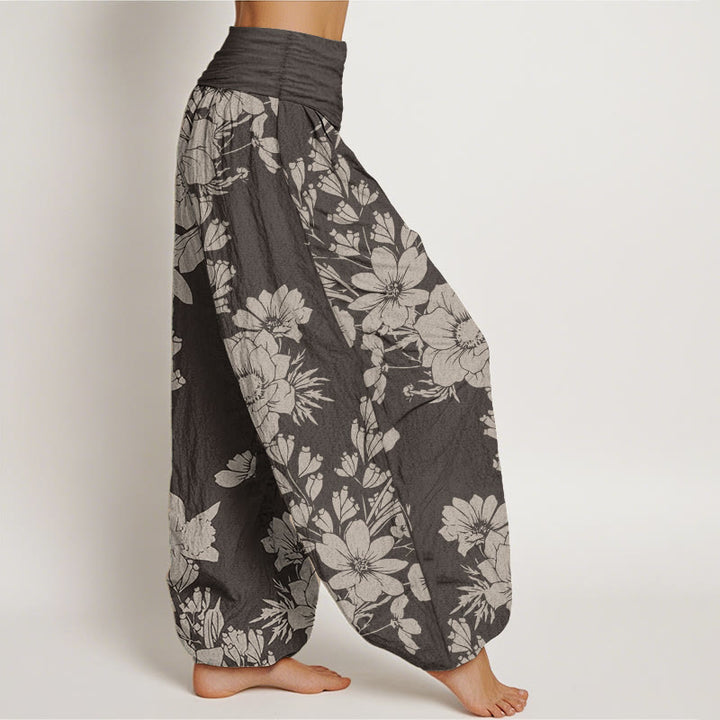 Buddha Stones Pure Cotton Casual Peony Leaves Women's Elastic Waist Harem Pants