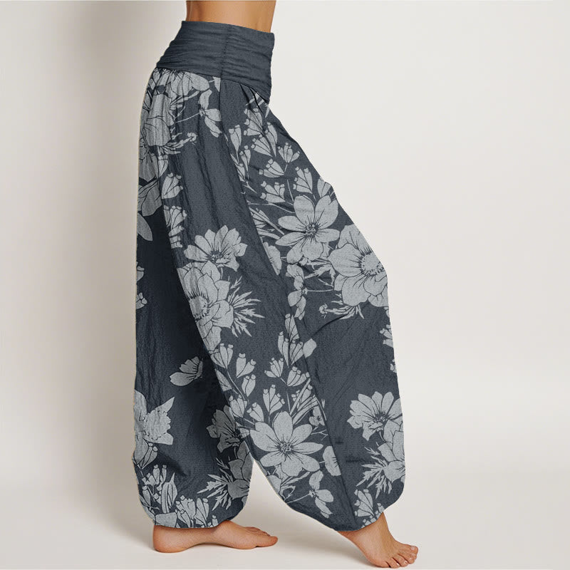 Buddha Stones Pure Cotton Casual Peony Leaves Women's Elastic Waist Harem Pants