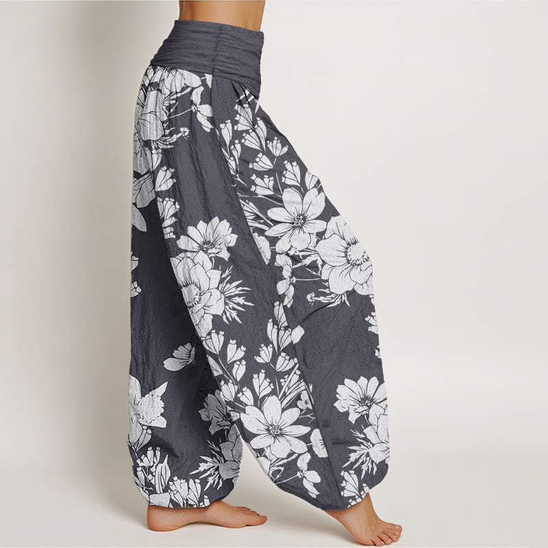 Buddha Stones Pure Cotton Casual Peony Leaves Women's Elastic Waist Harem Pants