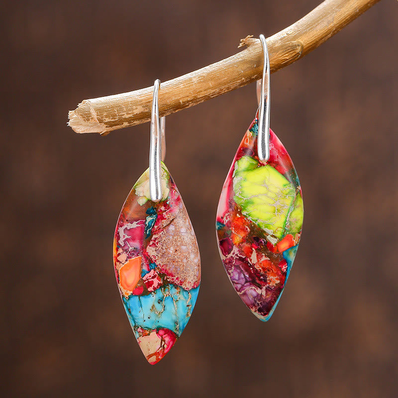 Buddha Stones Natural Emperor Stone Water Drop Leaf Shape Happiness Earrings - Green Emperor Stone(Copper Posts) - image 1