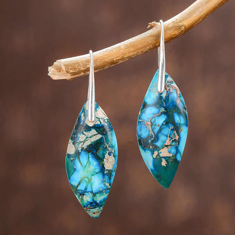 Buddha Stones Natural Emperor Stone Water Drop Leaf Shape Happiness Earrings - Blue Emperor Stone(Copper Posts) - image 5