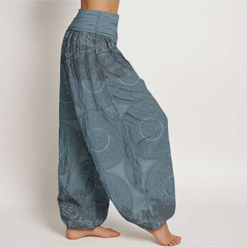 Buddha Stones Pure Cotton Casual Flowers Compass Design Women's Elastic Waist Harem Pants