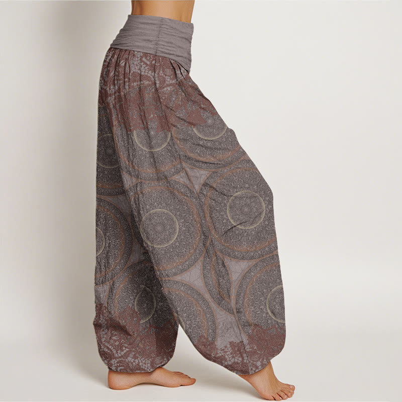 Buddha Stones Pure Cotton Casual Flowers Compass Design Women's Elastic Waist Harem Pants