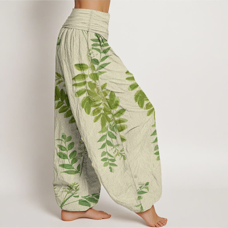 Buddha Stones Pure Cotton Green Leaves Branches Women's Elastic Waist Harem Pants