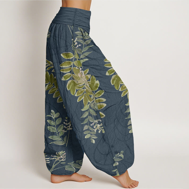 Buddha Stones Pure Cotton Green Leaves Branches Women's Elastic Waist Harem Pants
