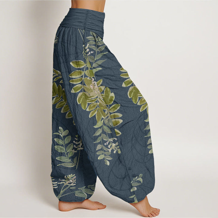 Buddha Stones Pure Cotton Green Leaves Branches Women's Elastic Waist Harem Pants