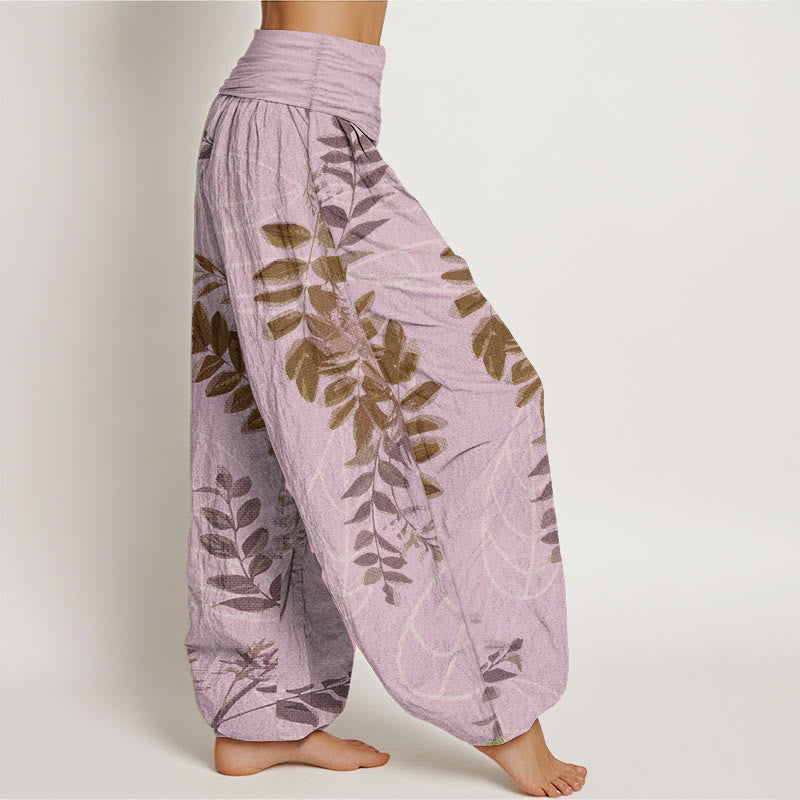 Buddha Stones Pure Cotton Green Leaves Branches Women's Elastic Waist Harem Pants