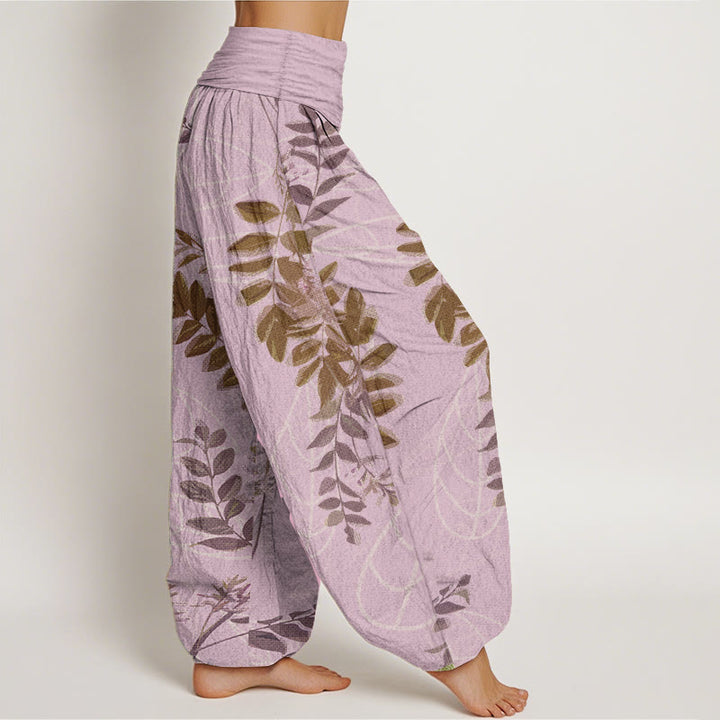 Buddha Stones Pure Cotton Green Leaves Branches Women's Elastic Waist Harem Pants
