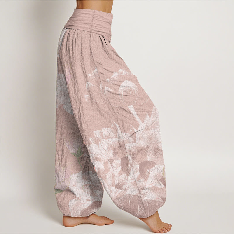 Buddha Stones Pure Cotton Pink And White Lotus Women's Elastic Waist Harem Pants