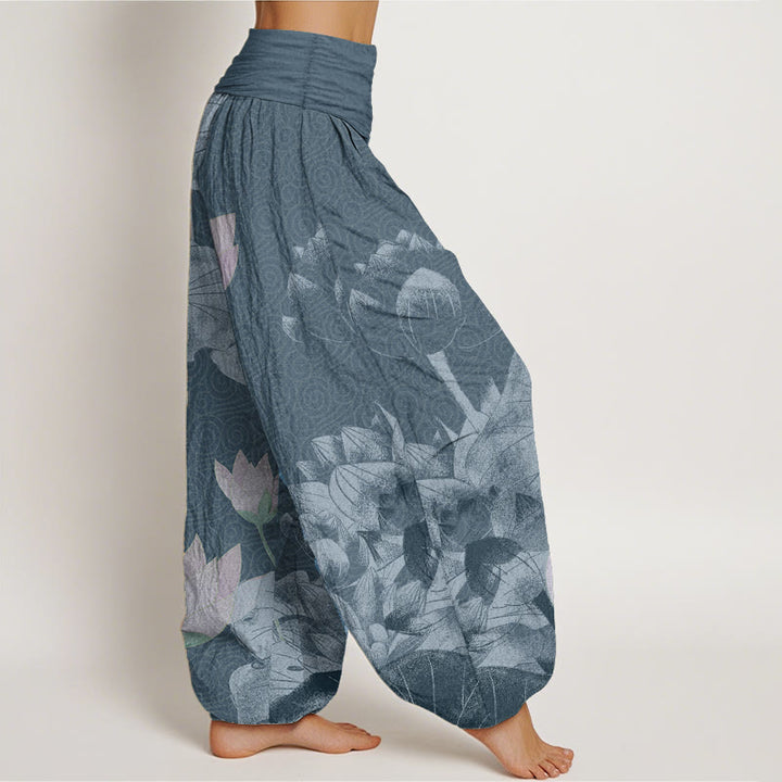 Buddha Stones Pure Cotton Pink And White Lotus Women's Elastic Waist Harem Pants