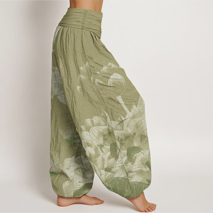 Buddha Stones Pure Cotton Pink And White Lotus Women's Elastic Waist Harem Pants