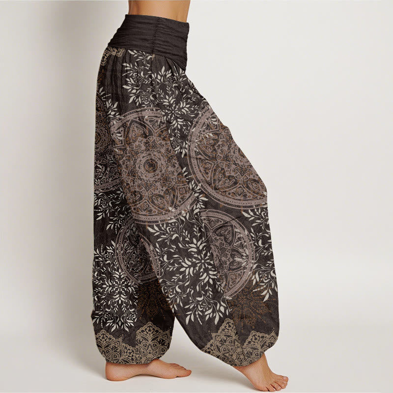 Buddha Stones Pure Cotton Mandala Pattern Leaves Women's Elastic Waist Harem Pants