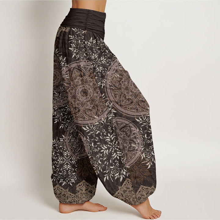 Buddha Stones Pure Cotton Mandala Pattern Leaves Women's Elastic Waist Harem Pants