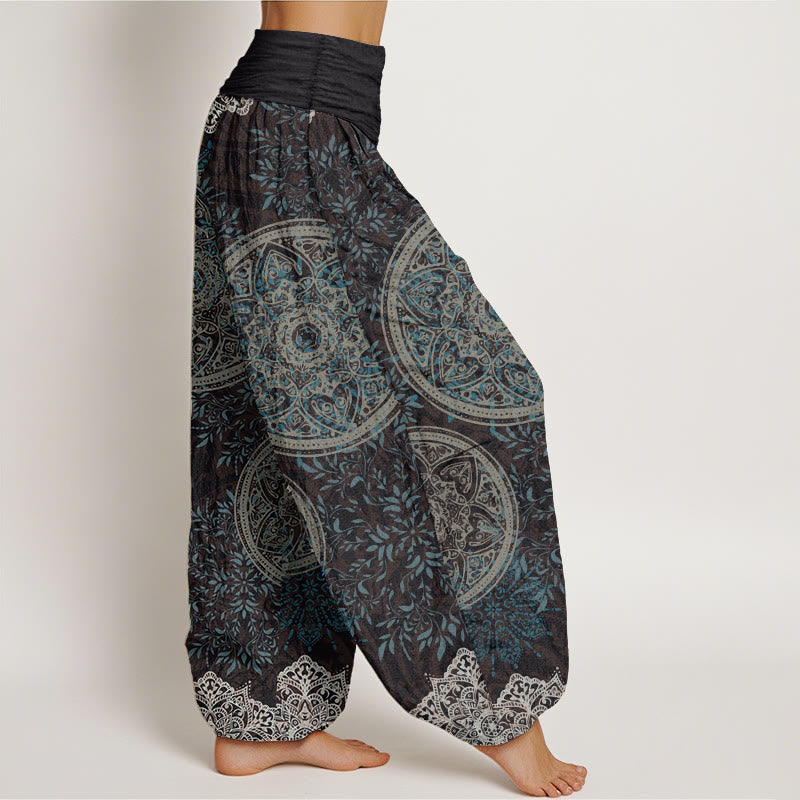 Buddha Stones Pure Cotton Mandala Pattern Leaves Women's Elastic Waist Harem Pants