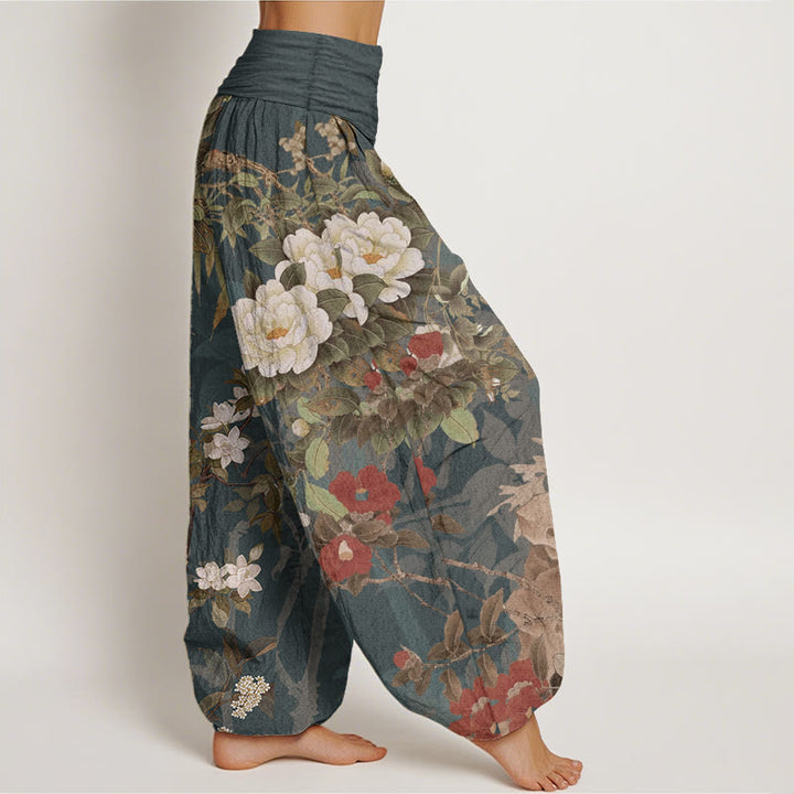 Buddha Stones Pure Cotton Casual Peony Flowers Leaves Magpie Women's Elastic Waist Harem Pants