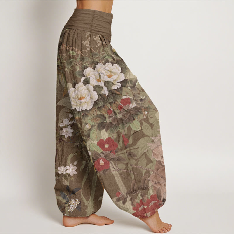 Buddha Stones Pure Cotton Casual Peony Flowers Leaves Magpie Women's Elastic Waist Harem Pants