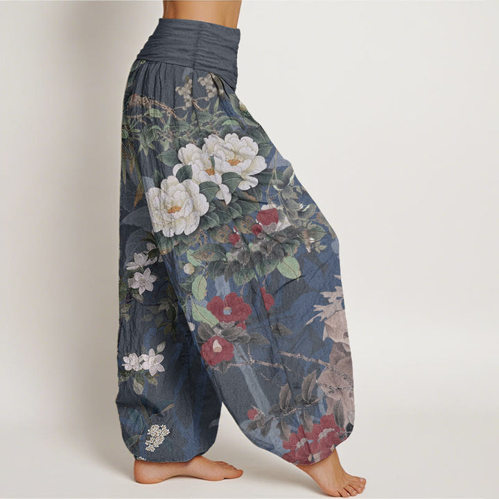 Buddha Stones Pure Cotton Casual Peony Flowers Leaves Magpie Women's Elastic Waist Harem Pants