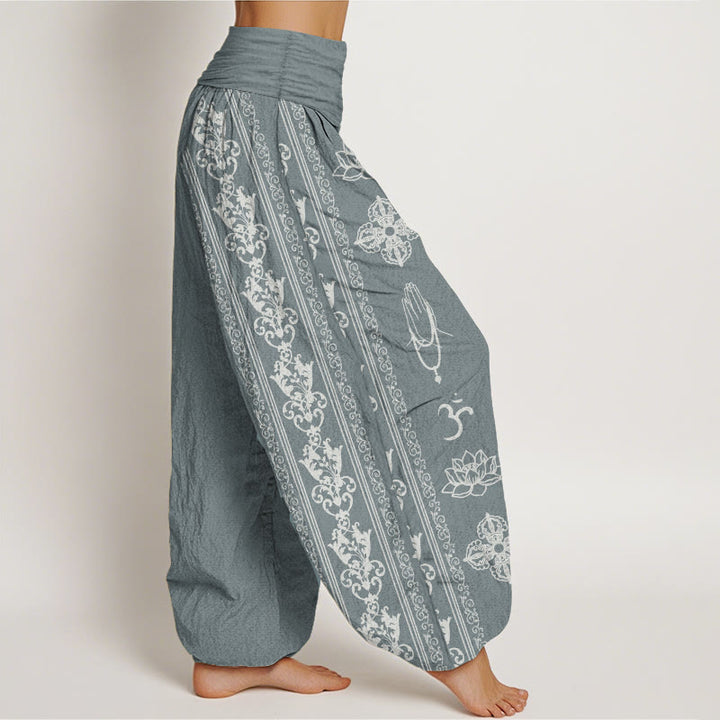 Buddha Stones Pure Cotton Lotus Flowers Double Dorje Vajra Namaste Om Design Women's Elastic Waist Harem Pants - image 7